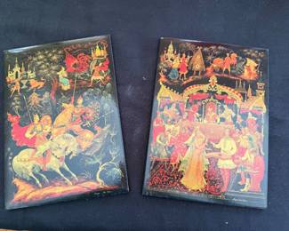 Soviet-era Russian lacquer miniature plaque displaying Illustrations for fairy tales by Alexander Mikhailovich Kurkin