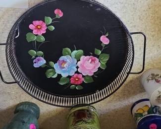 Vintage Toleware Tray Handled Reticulated Fine Arts Studio Hand-Painted Floral