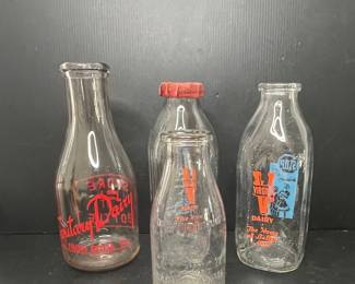 Vintage Dairy Milk Bottles: Military Dairy, Virgin Valley Dairy, and two others
