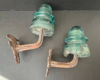 Vintage Aqua Glass Insulators with Metal Brackets (Pair)