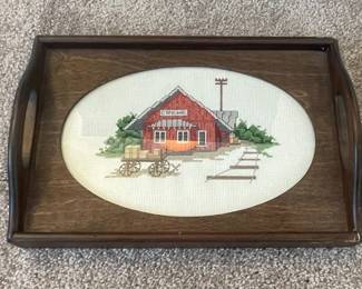 Vintage Wooden Serving Tray with Red Barn Cross-Stitch Art