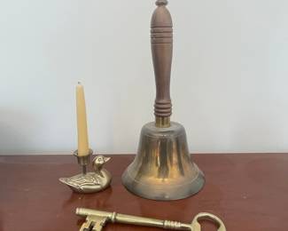 Vintage Brass School Bell with Wooden Handle, Decorative Key, and Duck Candlestick