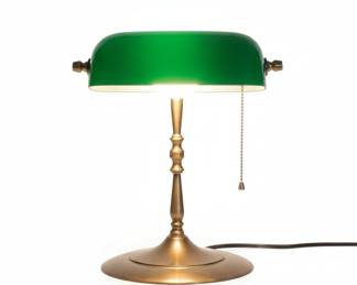 Vintage Brass Banker's Desk Lamp and Floor Lamp with Green Glass Shades