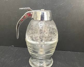 Glass Honey Dispenser with Honeycomb Pattern and Chrome Lid