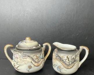 Hand Painted Dragonware Sugar Bowl and Creamer Set