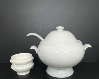 White Ceramic Soup Tureen with Ladle and Stackable Bowls 