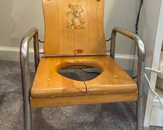 Vintage Wooden Folding Potty Chair with Teddy Bear Decal