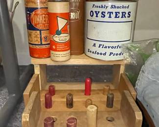Vintage Toy Tinker Builder and Badminton Shuttlecocks Canisters with Oyster Can and Wooden Peg Game