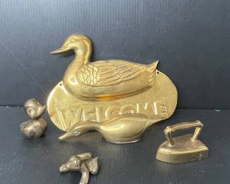 Brass Duck Welcome Sign and Figurines