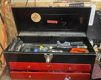 Vintage Black and Red 2-Drawer Metal Toolbox with Assorted Tools