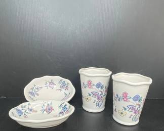 Vtg Laura Ashley Chinese Silk Porcelain Trinket Dishes and Tumblers