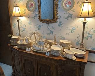 Service for 12 Lenox Castle Garden china with serving pieces and extras.