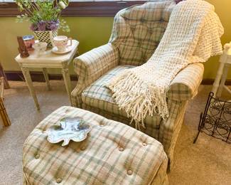 Vintage plaid tufted back chair and ottoman