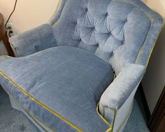 One of two Henredon blue tufted back velvet chairs, so cute!
