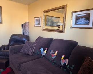 42" x 38" ornate gold framed mirror; ornate gold framed prints; couch; rooster decor; recliner; area rugs