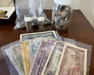 Vintage coins and paper currency, e.g. Wheat Pennies