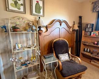 Glider rocking chair; wooden carved headboard; keychains; trinkets and decorations