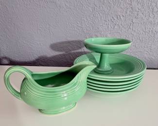 Homer Laughlin Fiesta Ware- 1- Fiesta Sweets Comport,   6 bowls plates, 1 Garvey boat I. Original green glaze 