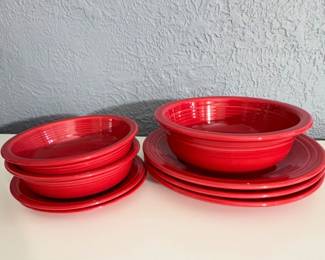 Homer Laughlin Fiesta Ware China dinnerware Scarlet Red  —2 Bowls, 1 Large 8.5 Nappy Bowl, 3 dinner plates, 2 salad plates 