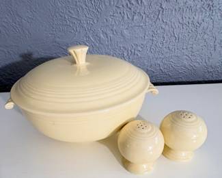 Vintage Fiesta-ware  Lidded Casserole Ivory Art Deco
And Salt and Pepper Shaker 