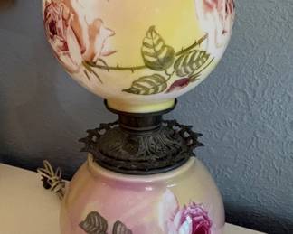 Antique Victorian Hand Painted Floral Gone With The Wind Hurricane Lamp 