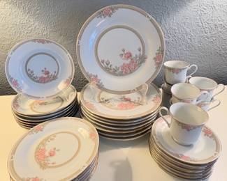 Vintage dining set from the Tienshan or Crown Ming “Christina" pattern, featuring pink roses and gold trim.