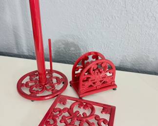 Red  cast iron kitchen set. Paper towel holder, napkin holder, pot holder 