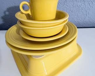 Homer Laughlin Old Fiesta Ware
Yellow—  2 dinner plates, 1 saucer, 2 bowls and 1 cup 