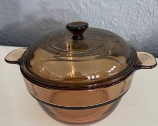 vintage collectible item is a Vision Corning France amber glass double boiler/baking  dish 
