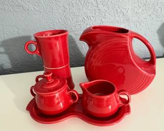 Homer Laughlin China Fiesta  Ware dinnerware Scarlet Red  —cream and sugar set, 2 Mugs and 1- large pitcher 