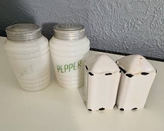 vintage Hazel-Atlas milk glass "beehive" salt and pepper shakers and 