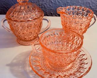 Jeannette buttons and bows pitcher Pink Depression Glass Sugar and Creamer 