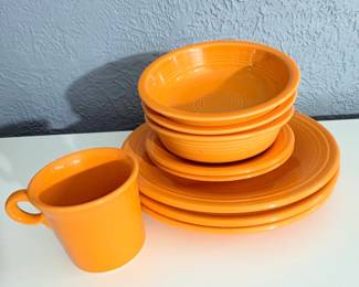 Homer Laughlin Fiesta Ware Tangerine
Orange 3 plates, 3 bowls,  2 Salad Plates  and 1 Cup 