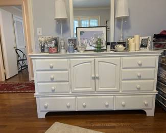 White dresser 67 inches wide by 19 3/4 inches deep by 36 1/2 inches high