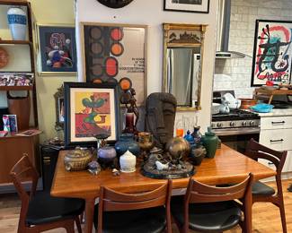 Danish dining set MOLLER. Appears to be recently upholstered seating with a double baseball stitch. The leaves pull out from within the table. Table AND chairs are sturdy. No breaks, wobbles or glue jobs. No water rings or stains. Damn near mint!