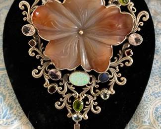 Large carved Carnelian & semi-precious stones in sterling pendant
