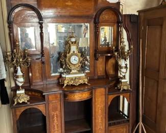 Inlaid sideboard & Italian brass clock & candelabras