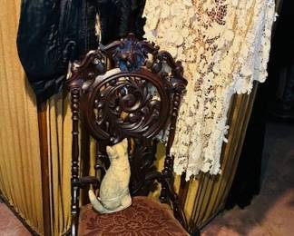 Victorian clothing & carved back chair
