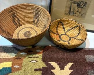 Native American baskets & etching.  Mexican rug