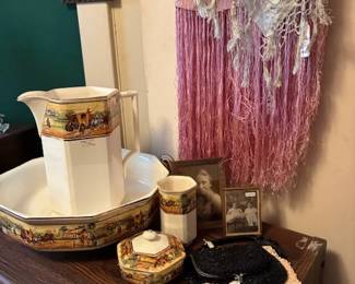 English wash set & silk shawls & beaded purses