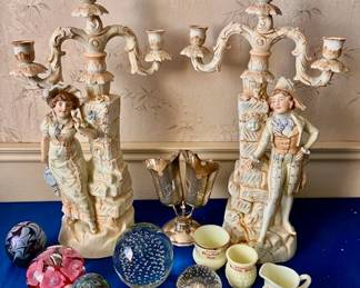 Bisque candelabras, silverplated spooner, Art glass Paperweights & Custard glass (uranium).