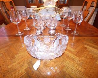 CUT GLASS SERVING BOWL, ETCHED CRYSTAL WINE & TUMBLER GLASSES