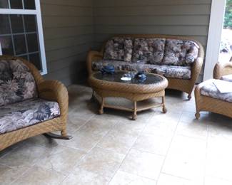 WICKER PORCH SET : ROCKER, SIDE TAVLE, COFFEE TABLE, SOFA &  CHAIR WITH OTTOMAN