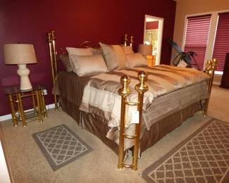KING SOLID BRASS  BED, BRASS & GLASS END TABLES (SEE NEXT 2 PICS)