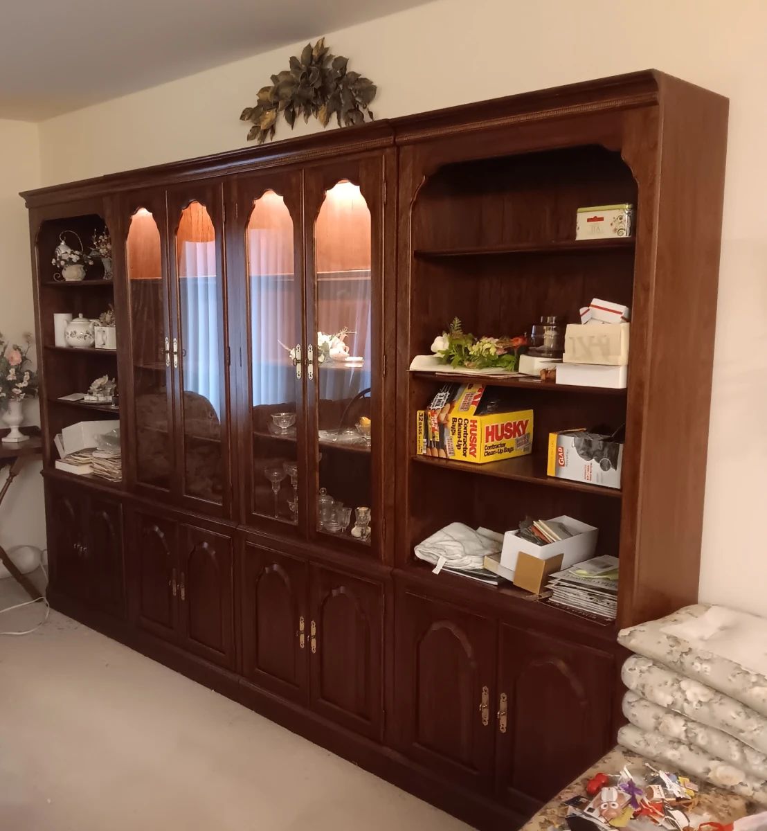 Kling cherry quality 4 piece wall unit 2 open shelf units, 2 glass door units, lighted, paid $6K new 20 years ago, ex cond $350 set