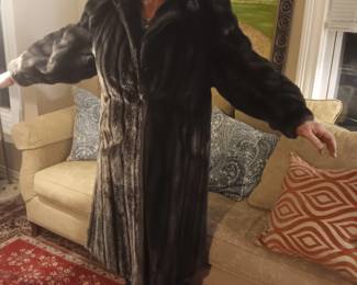 Full length sable mink faux fur coat, Hillmoor New York, probably size 14-16, Made in USA of imported fabric, Tissavel France, clean by fur method, brown satin lining, very good condition, looks like its never been worn. $85 (nothing in the background of this photo is for sale)