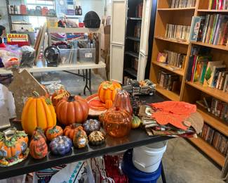 Fall decor, books, shelving