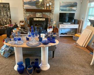 BLUE GLASS...pedestal table, TV console 