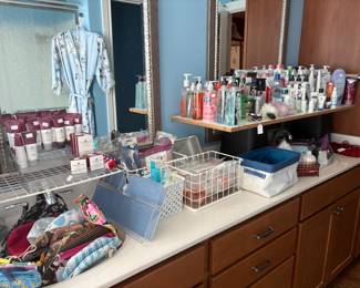 Lotions, Hand soap, toiletries, organizers, makeup, clothing, shoes, handbags, makeup bags