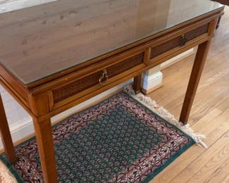 Vintage Wooden Console Table with Glass Top and Rattan Accents